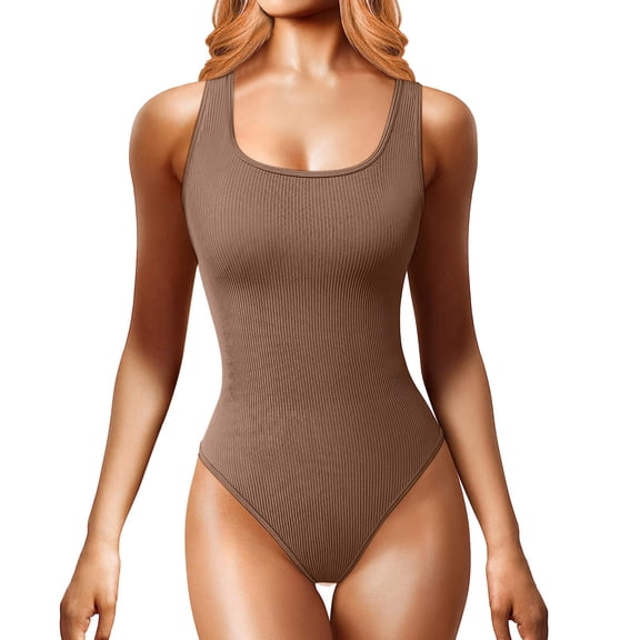 GEWSEY Women's Seamless Ribbed Bodysuit Sleeveless Waist Control Stretchy Thong Back Tank Top for Casual Workout (Brown, S)