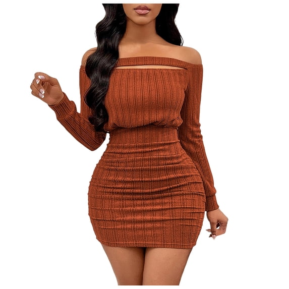 GEWSEY Women's Sexy Off Shoulder Long Sleeve Ruched Bodycon Sexy Mini Dress Side Drawstring Club Party Short Dresses (Brown, L)