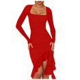 thumbnail image 1 of GEWSEY Women's Sexy Ruched Bodycon Midi Dresses Elegant Mesh Long Sleeve Square Neck Ruffle Hem Cocktail Party Dress (Red, S), 1 of 4