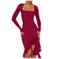 thumbnail image 1 of GEWSEY Women's Sexy Ruched Bodycon Midi Dresses Elegant Mesh Long Sleeve Square Neck Ruffle Hem Party Dress (, S), 1 of 4