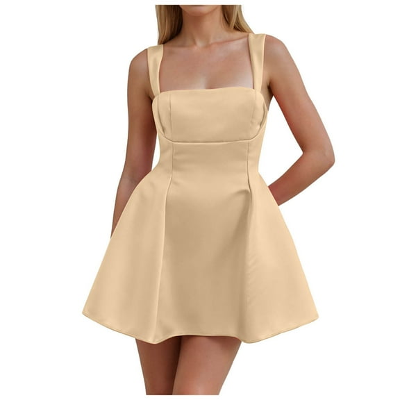 GEWSEY Women's Sexy Sleeveless Square Neck Adjustable Straps Bow Tie A-line Mini Party Club Dress Beige, L