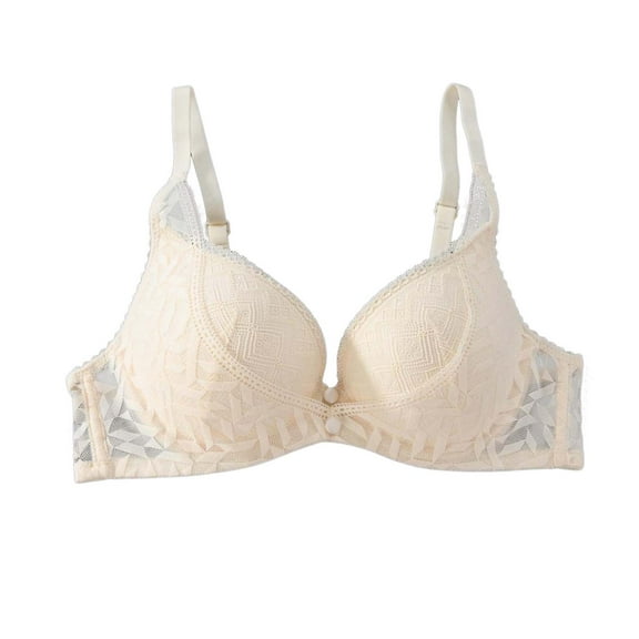 GEWSEY Women's Sheer Lace Everyday Bra Wireless Supportive Push-Up Gathering Anti-Sagging Seamless Fit (Beige, S)