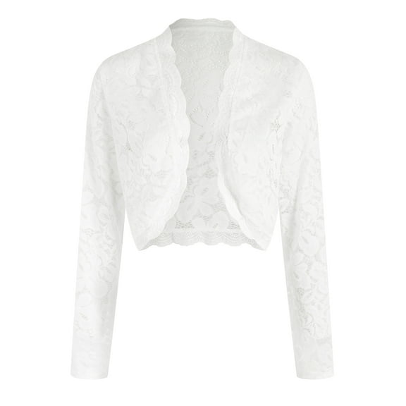 GEWSEY Women's Sheer Lace Jacket Blazer Long Sleeve Open Front See Through Jackets (White, L)