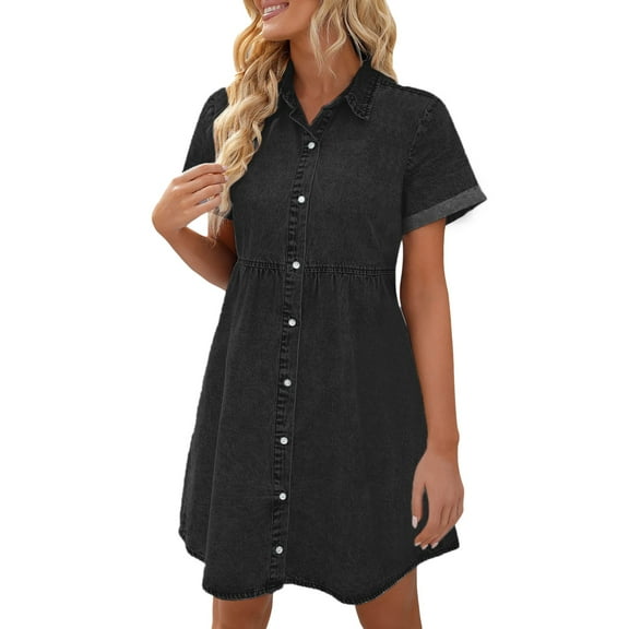 GEWSEY Women's Short Sleeve Button Down Flowy Tiered Denim Dress (Grey, XL)