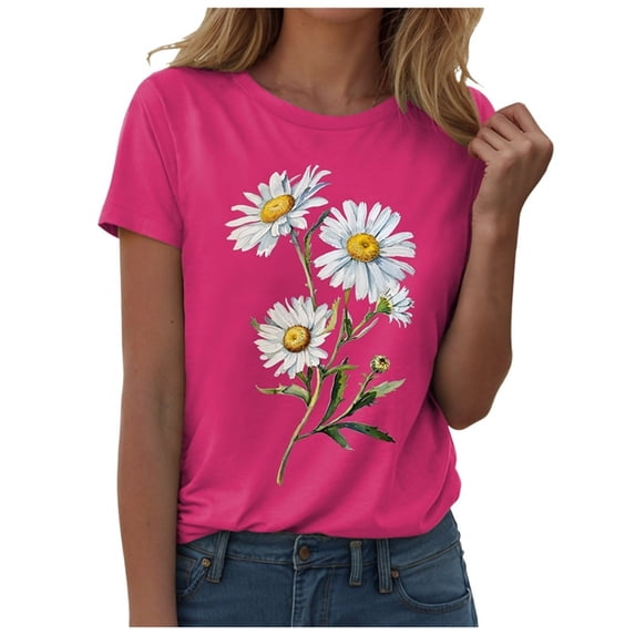 GEWSEY Women's Short Sleeve Crew Neck Sunflower Graphic Printed Summer Tee Vintage T Shirt Cotton Tops Novelty Cool Shirt (Hot Pink, XL)