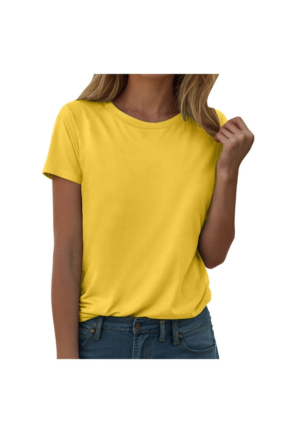 Women's Short Sleeve Round Neck T Shirt Front Twist Tunic Tops Casual Loose Fitted (Yellow, XXL)