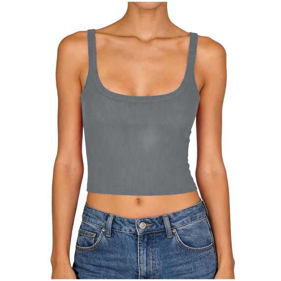 GEWSEY Women's Sleeveless Shirt Ribbed Fitted Scoop Neck Basic Crop Tank Top Cropped (Grey, L)