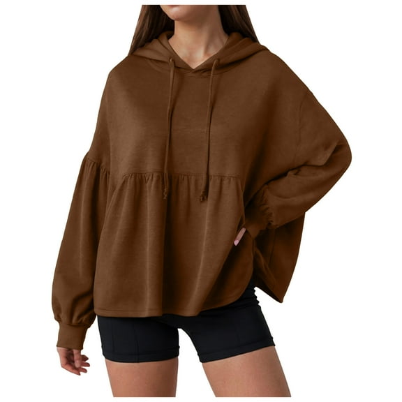GEWSEY Women's Solid Hoodies Casual Ruffled Hem Peplum Loose Tunic Top Drawstring Long Sleeves Pullover Sweatshirt with hooded (Coffee, S)