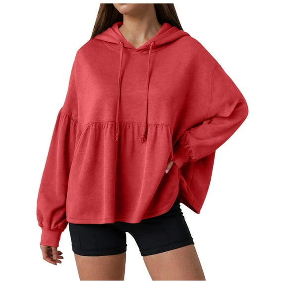 GEWSEY Women's Solid Hoodies Casual Ruffled Hem Peplum Loose Tunic Top Drawstring Long Sleeves Pullover Sweatshirt with hooded (Red, L)