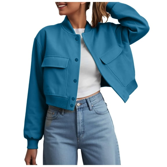 GEWSEY Women's Spring Varsity Bomber Jackets Long Sleeve Cropped Button Down Casual Coat with Pockets Outwear (Blue, L)
