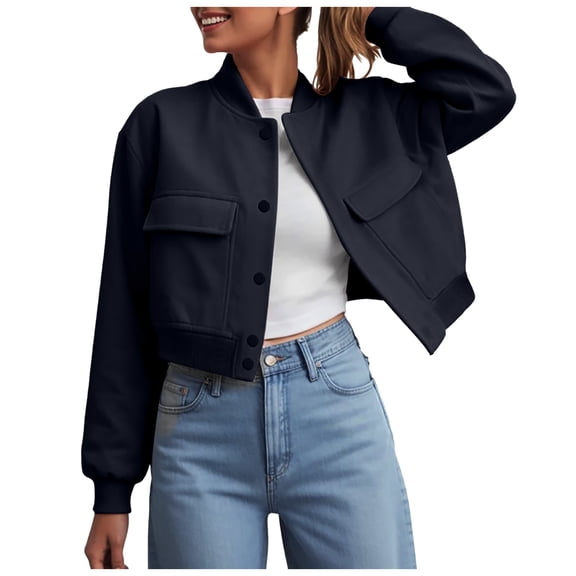 GEWSEY Women's Spring Varsity Bomber Jackets Long Sleeve Cropped Button Down Casual Coat with Pockets Outwear (Navy, S)