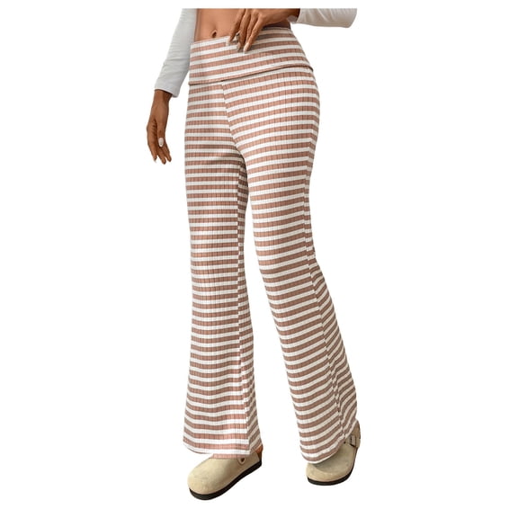 GEWSEY Women's Stacked Fuzzy Pants High Waist Black and White Striped Bell Bottoms Street Casual Sweatpants (Pink, XL)