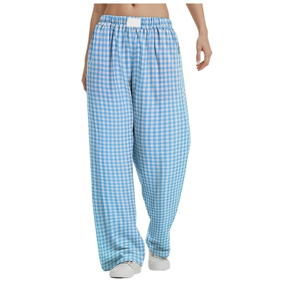GEWSEY Women's Striped Gingham Boxer Pants Cotton Pajama Lounge Pj Casual Plaid Trousers Y2K Beach Bottoms with Pockets (Blue, XL)