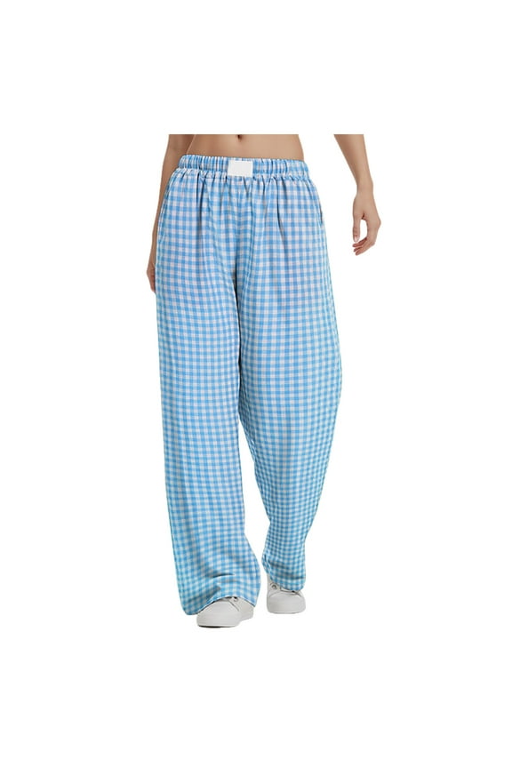 Women's Striped Gingham Boxer Pants Cotton Pajama Lounge Pj Casual Plaid Trousers Y2K Beach Bottoms with Pockets (Blue, XL)