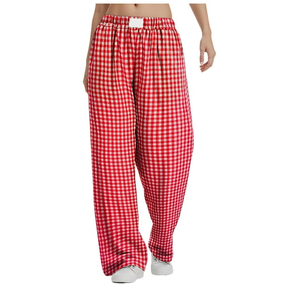 GEWSEY Women's Striped Gingham Boxer Pants Cotton Pajama Lounge Pj Casual Plaid Trousers Y2K Beach Bottoms with Pockets (Red, S)