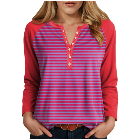 GEWSEY Women's Striped Long Sleeve T-Shirts Crewneck Loose Fit V Neck Tunic Top 2025 Fall Colorblock Blouse with Smocked (Red, XXL)