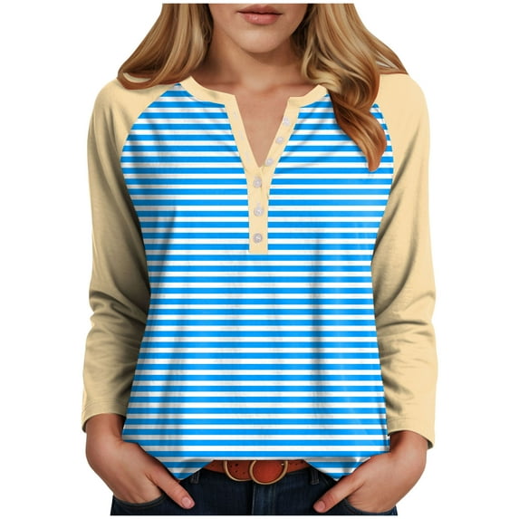 GEWSEY Women's Striped Long Sleeve T-Shirts Crewneck Loose Fit V Neck Tunic Top 2025 Fall Colorblock Blouse with Smocked (Sky Blue, L)