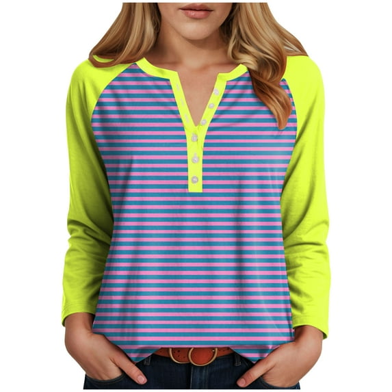 GEWSEY Women's Striped Long Sleeve T-Shirts Crewneck Loose Fit V Neck Tunic Top 2025 Fall Colorblock Blouse with Smocked (Yellow, XXL)