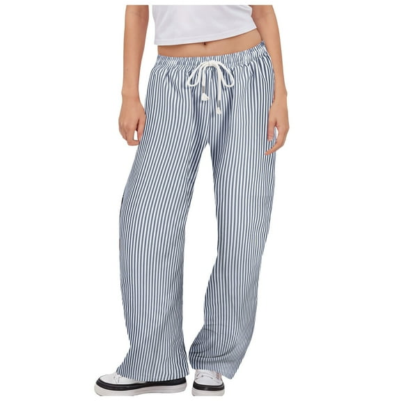 GEWSEY Women's Striped Wide Leg Lounge Pants Pinstripe Drawstring Lightweights Beach Trousers (Blue, M)