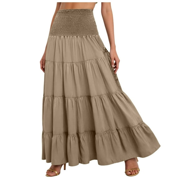 GEWSEY Women's Summer Casual Elegant Smock Layered Tiered Maxi Skirt High Waisted A Line Flowy Long Skirts with Pockets (Khaki, M)