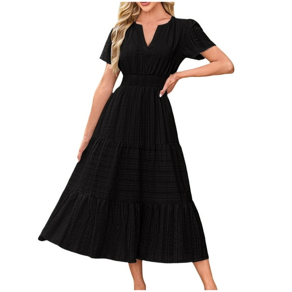 GEWSEY Women's Summer Casual V Neck Ruffle Sleeve Smocked High Waist Long Dress with Pockets (Black, S)