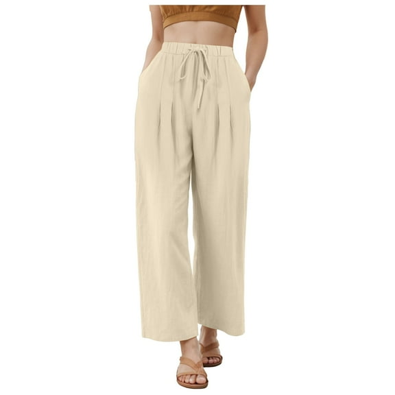 GEWSEY Women's Summer High Waisted Baggy Pants Casual Below Ankle Length Trouser Slacks with Pockets (Beige, M)