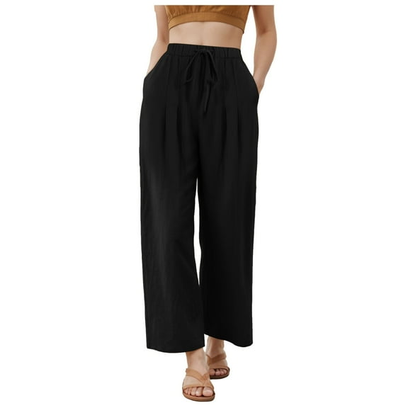 GEWSEY Women's Summer High Waisted Baggy Pants Casual Below Ankle Length Trouser Slacks with Pockets (Black, S)