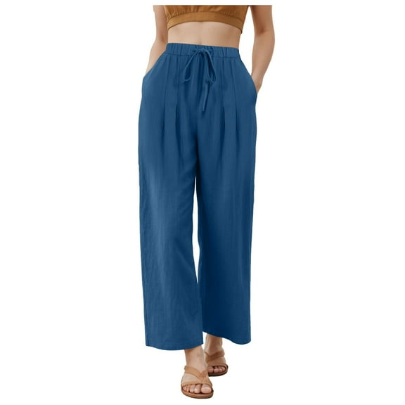 GEWSEY Women's Summer High Waisted Baggy Pants Casual Below Ankle Length Trouser Slacks with Pockets (Blue, M)