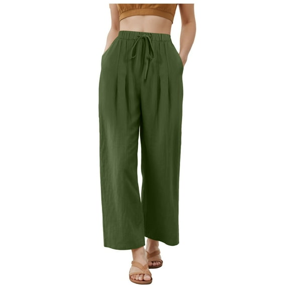 GEWSEY Women's Summer High Waisted Baggy Pants Casual Below Ankle Length Trouser Slacks with Pockets (Green, M)