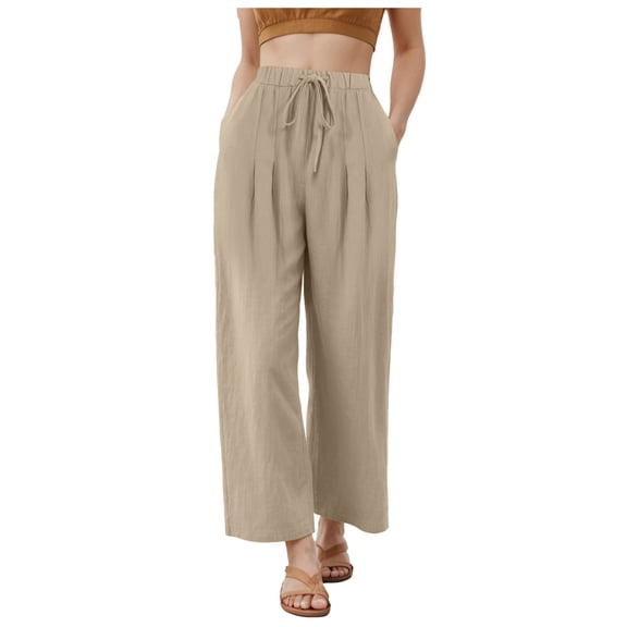 GEWSEY Women's Summer High Waisted Baggy Pants Casual Below Ankle Length Trouser Slacks with Pockets (Khaki, M)