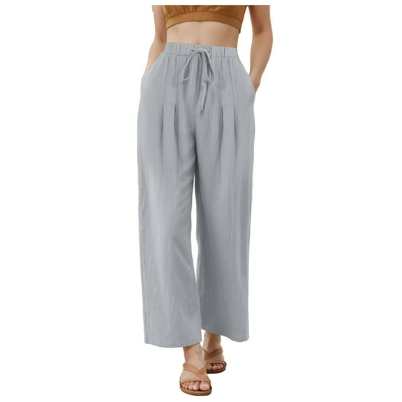GEWSEY Women's Summer High Waisted Baggy Pants Casual Below Ankle Length Trouser Slacks with Pockets (Light Gray, M)
