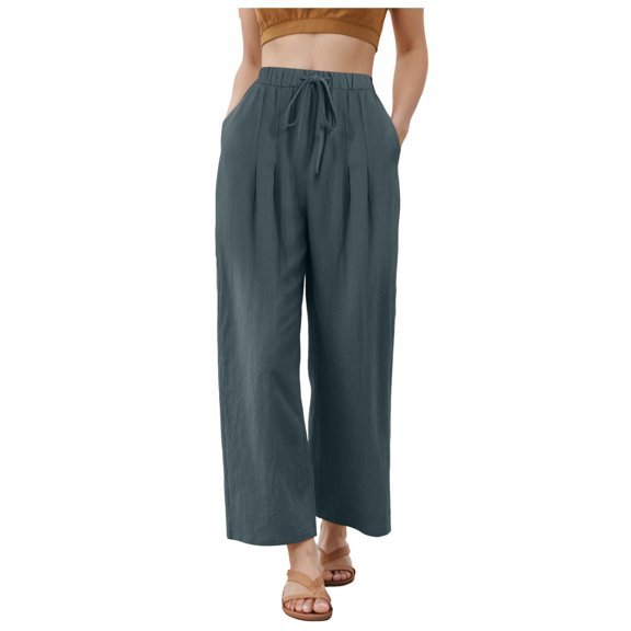 GEWSEY Women's Summer High Waisted Baggy Pants Casual Below Ankle Length Trouser Slacks with Pockets (Sky Blue, M)