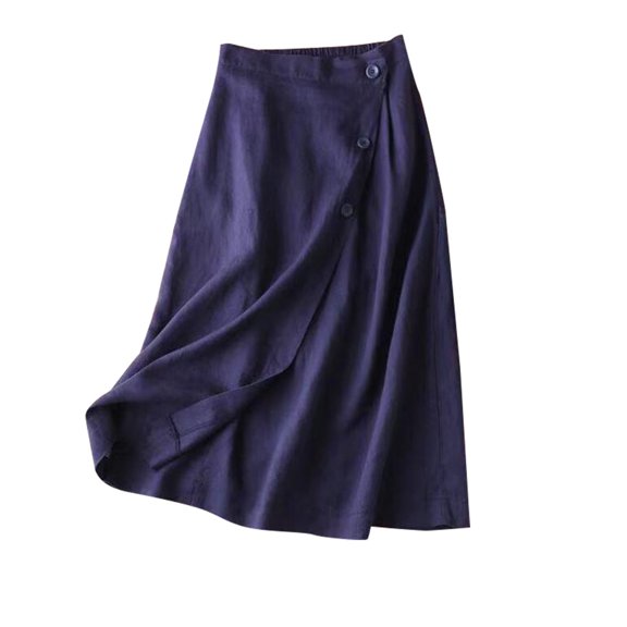 GEWSEY Women's Summer Linen Elastic Back Buttoned Swing Midi A Line Skirt (Navy, L)
