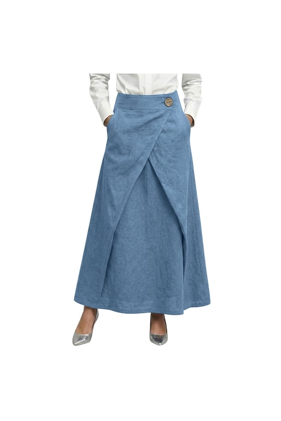 Women's Summer Linen Skirts Casual Elastic Waist Buttoned A-Line Midi Skirts with Pockets (Blue, XL)