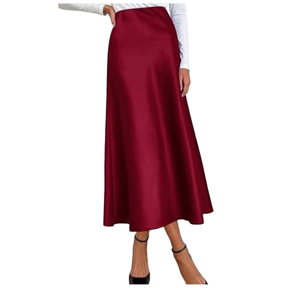 GEWSEY Women's Summer Midi Satin Skirt Dressy Casual High Waisted A Line Flowy Ruffle Elegant Party Skirts (Red, L)