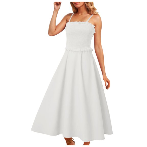 GEWSEY Women's Summer Strapless Midi Sundress Tube Off Shoulder Ruffle Flowy A Line Long Beach Vacation Dresses (White, S)