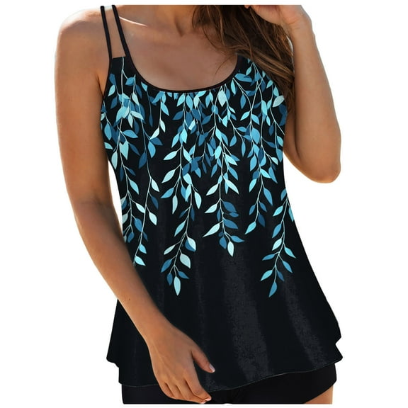 GEWSEY Women's Tankini Top Only Tummy Control Bathing Suits Top U Neck Swimwear Tops No Bottom (Black, L)