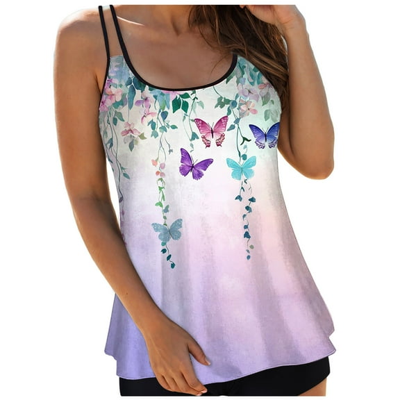 GEWSEY Women's Tankini Top Only Tummy Control Bathing Suits Top U Neck Swimwear Tops No Bottom (Light Purple, M)