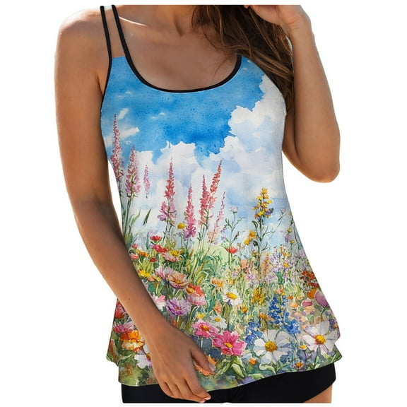 GEWSEY Women's Tankini Tops Tummy Control Swimsuits V Neck Swimwear Top Only (Light Blue, XXL)