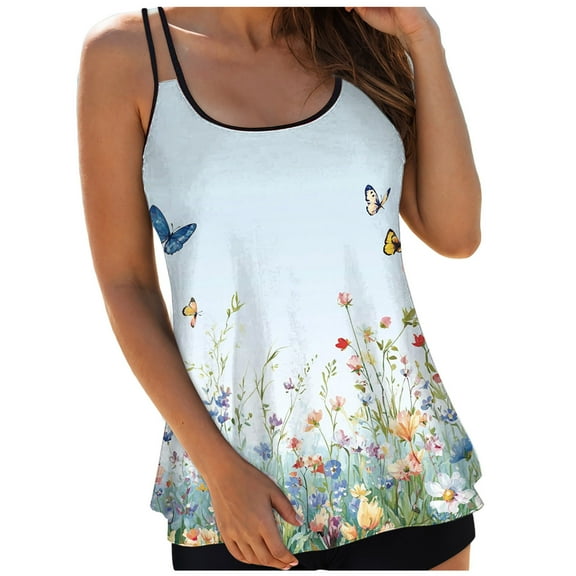 GEWSEY Women's Tankini Tops Tummy Control Swimsuits V Neck Swimwear Top Only (Sky Blue, 3XL)