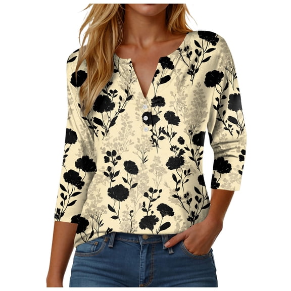 GEWSEY Women's Tops 3/4 Length Sleeve V Neck Business Casual Blouses Summer Tees Shirts 2025 (Beige, L)