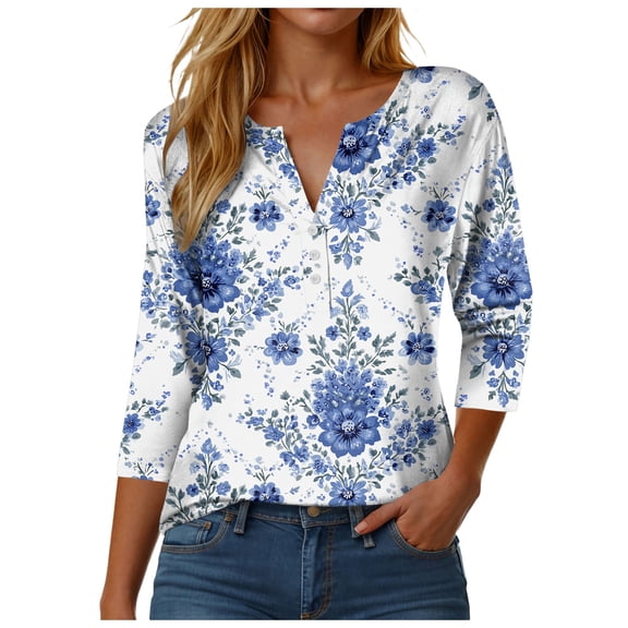 GEWSEY Women's Tops 3/4 Length Sleeve V Neck Business Casual Blouses Summer Tees Shirts 2025 (Light Blue, L)