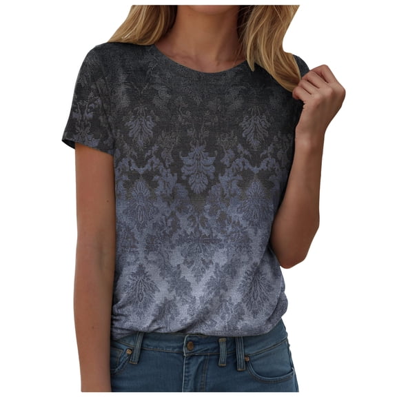 GEWSEY Women's Tops Dressy Casual Collared V Neck Basic 3/4 Sleeve Blouses Tunic Cotton T-Shirts Trendy Print Clothing (Navy, XXL)