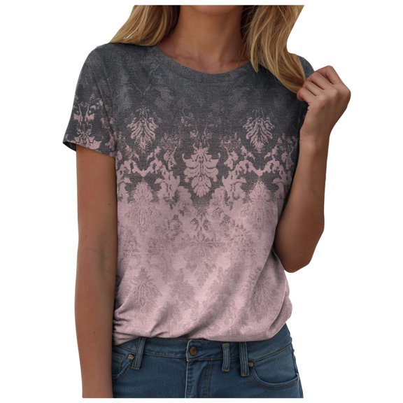 GEWSEY Women's Tops Dressy Casual Collared V Neck Basic 3/4 Sleeve Blouses Tunic Cotton T-Shirts Trendy Print Clothing (Pink, S)