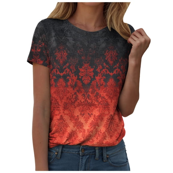 GEWSEY Women's Tops Dressy Casual Collared V Neck Basic 3/4 Sleeve Blouses Tunic Cotton T-Shirts Trendy Print Clothing (Red, S)