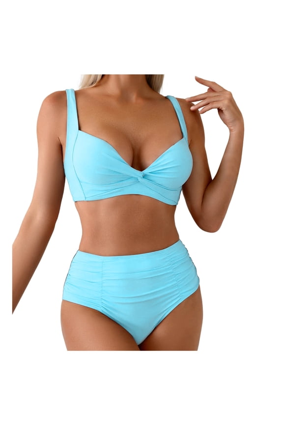 Women's Twist Front Modest Large Bust Swimsuit Padded High Waisted Ruched Bikini Set Two Piece Bathing Suit (Light Blue, XXL)