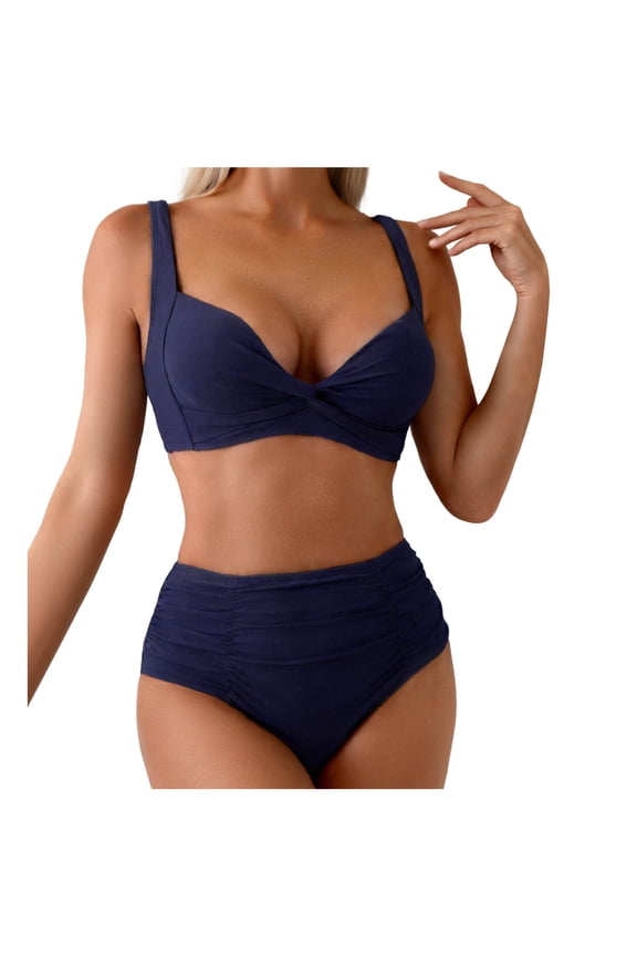 Women's Twist Front Modest Large Bust Swimsuit Padded High Waisted Ruched Bikini Set Two Piece Bathing Suit (Navy, M)
