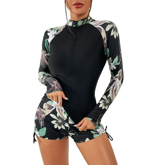 GEWSEY Women's Two Piece Rash Guard UPF 50+ Long Sleeve Bathing Suit Built-in Bra Zipper Front Swim Shirts (Black2, M)