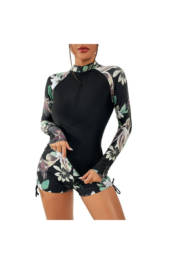 Women's Two Piece Rash Guard UPF 50+ Long Sleeve Bathing Suit Built-in Bra Zipper Front Swim Shirts (Black2, M)
