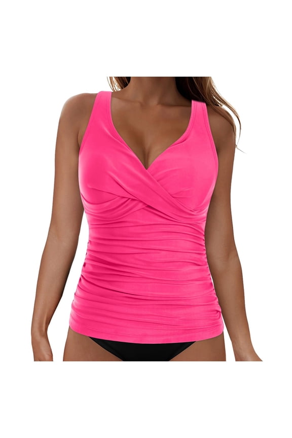 Women's Underwire Tankini Top Tummy Control Bathing Suits Sexy V Neck Crossover Swim Top Only (Hot Pink, XL)